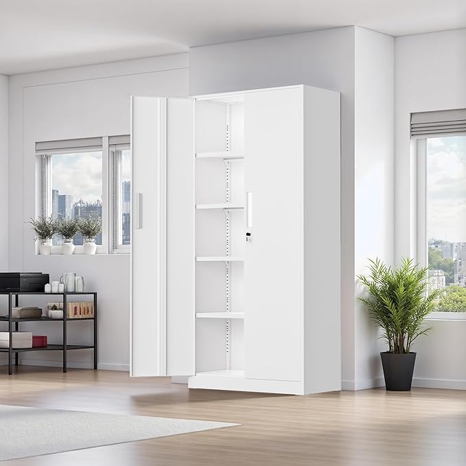Oakmont Metal Storage Cabinet for Tool Organization, 72" Lockable Garage Storage Cabinets with 2 Doors and 4 Adjustable Shelves, Locking File Cabinet for Office, Home, School (72“ Standard-White)