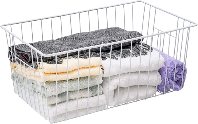 Freezer Baskets Organizer, Refrigerator Metal Wire Storage Divider, Household Container Bins with Handles for Kitchen, Pantry, Cabinet, Closets - Pearl White (6, 16in x 10in x 5.5in)
