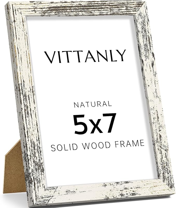 Vittanly 5x7 Picture Frame, Solid Wood Frame with Plexiglass, Includes 4x6 Mat, Wall Hanging or Tabletop for Home Decor, Distressed White, 1 Pack