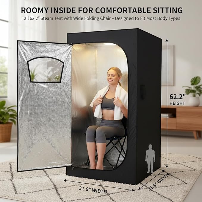 HomeCare Portable Home Sauna Box, Foldable Steam Room with 2.6L 1200W Steamer, 9 Temp & 90 Min Timer, Includes Folding Chair for Relaxation