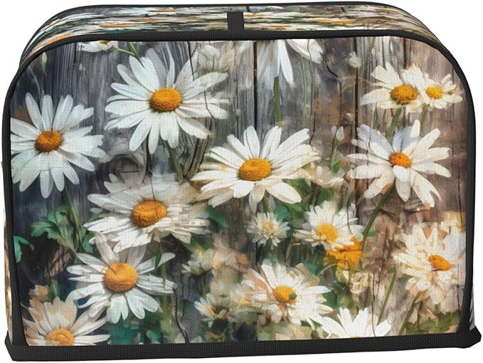 Toaster Cover 2 Slice with Pockets, Farmhouse White Daisy Nature Botanical Plant Wooden Board Kitchen Accessories Decor Bread Maker Oven Protector Covers Dust Proof Fingerprint Covers