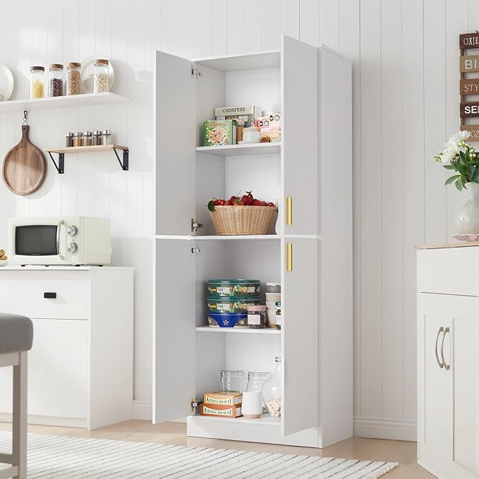 Cozy Castle Kitchen Pantry Cabinet, 71" Tall Wood Storage Cabinet with Doors and Shelves 4 Doors Freestanding Cupboard for Dining Room Living Room Bathroom Furniture, White