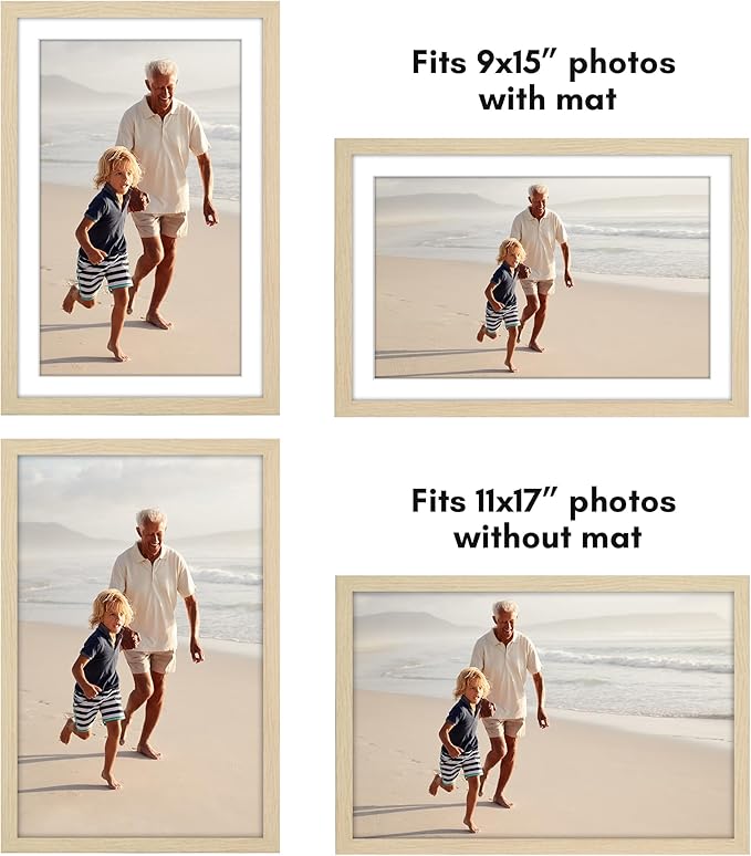 Americanflat 11x17 Picture Frame with Polished Plexiglass - Set of 5 - Use as 9x15 Frame with Mat or Display 11x17 Photo Without Mat - Galleria Collection - Picture Frames for Wall - Natural Oak
