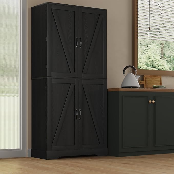 72" Kitchen Pantry Cabinet Storage, Farmhouse Pantry Cabinet with 8 Hanging Rack Shelves & 3 Pull-Out Racks, Pantry Storage Cabinet, Freestanding Cupboard for Kitchen, Dining Room, Black