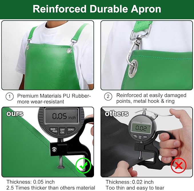 Waterproof Rubber Apron, 43" Anti-Tear Heavy Duty Vinyl Adjustable Thicker Cross Back Dishwasher Apron for Restaurant Dishwashing, Butcher, Lab Work, Dog Grooming Green