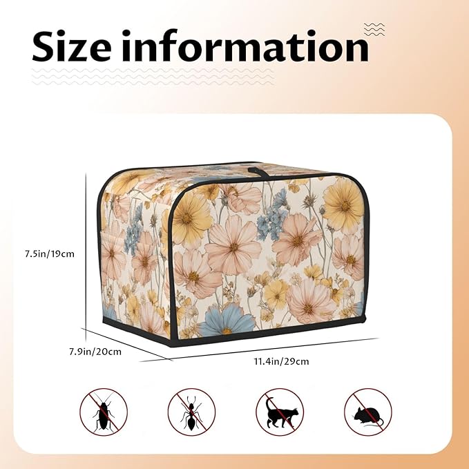 2 Slice Toaster Cover for Kitchen Flower Vintage Botanical Waterproof and Dustproof Toaster Dust Cover with Side Pockets Decorative Universal Cover for Wide Slot Toasters and Small Appliances