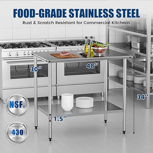 Stainless Steel Work Table 30 x 48 Inch with Adjustable Undershelf, Heavy-Duty Metal Prep Table for Commercial Kitchen & Restaurant, Garage, Outdoor
