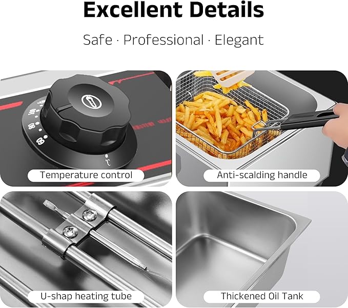 Deep Fryer Stainless Steel - Commercial Style Electric Fryer with Adjustable Thermostat, Rapid Heating & Oil Filtration Basket - Safe for Home Kitchen (Chips/Chicken/Donuts), 3L