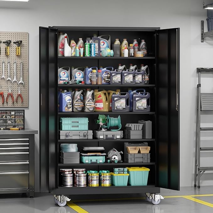 VINGLI Large Metal Storage Cabinet with 2 Doors and 5 Adjustable Shelves, Upgraded Height & Wide & Deep, 43''W x 20''D x 72''H, Oversized Garage Storage Cabinet with Wheels and Locks (Black)
