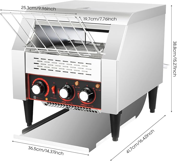 Commercial Conveyor Toaster, 300 Slices/Hour Restaurant Conveyor Toaster with Double Chutes, for Bun Bagel Bread, Heavy Duty Stainless Steel