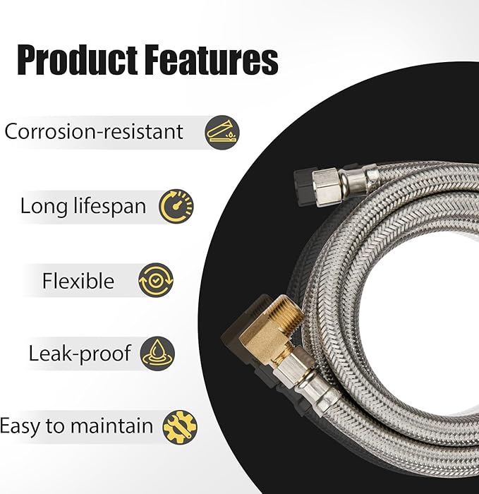 1 Pack Foskan 6FT Stainless Steel Dishwasher Hose With 3/8" Comp x 3/8" MIP 90° Elbow,Flexible Water Line Connector for Standard Dishwashers(HOSE012)