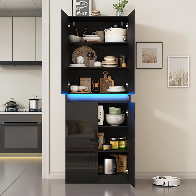 71" Tall Pantry Storage Cabinet, Kitchen Pantry with High Gloss Doors, Modern Buffet Hutch Cabinet with Led Light and Adjustable Shelves for Dining Room, Living Room, Black