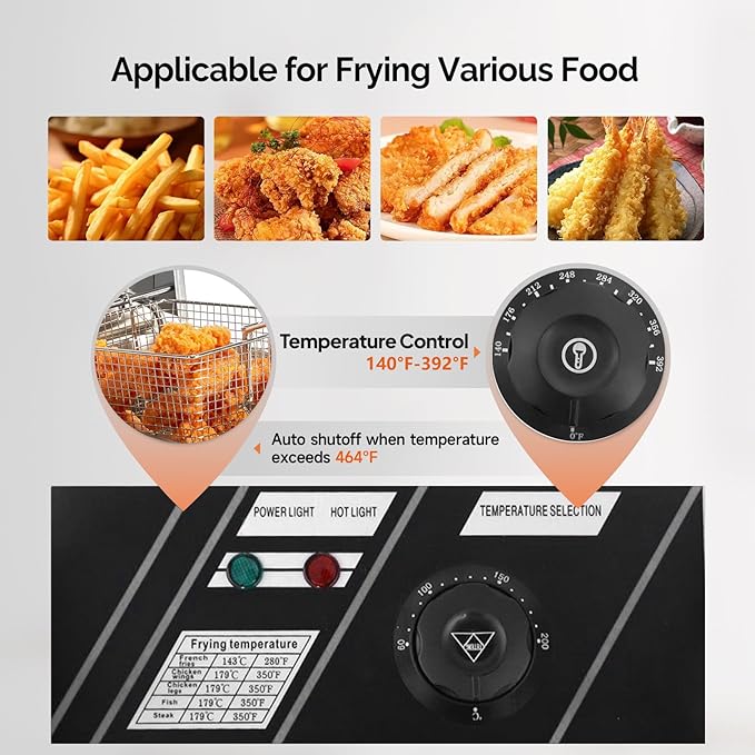 Electric Fryer 10L/10.5QT Stainless Steel Single Can Commercial Fryer with Basket, 2500W 110V Countertop Fryer for Home Kitchen and Restaurant with Oil Thermometer and Temperature Control
