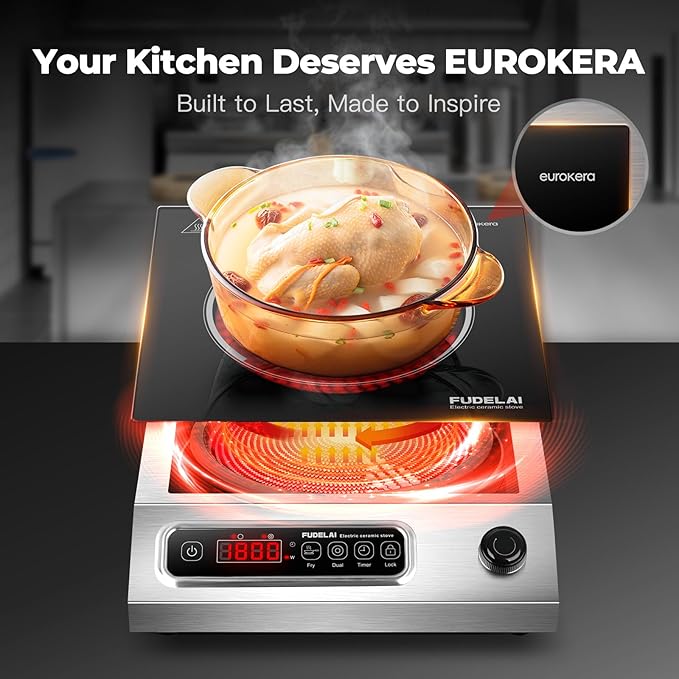 1800W Commercial Grade Electric Cooktop with 9 Power Levels - Electric Burner with EUROKERA Micro-Ceramic Panel, Infrared Cooktop with Timer, Safety Lock, For Restaurant, Home Kitchen Use