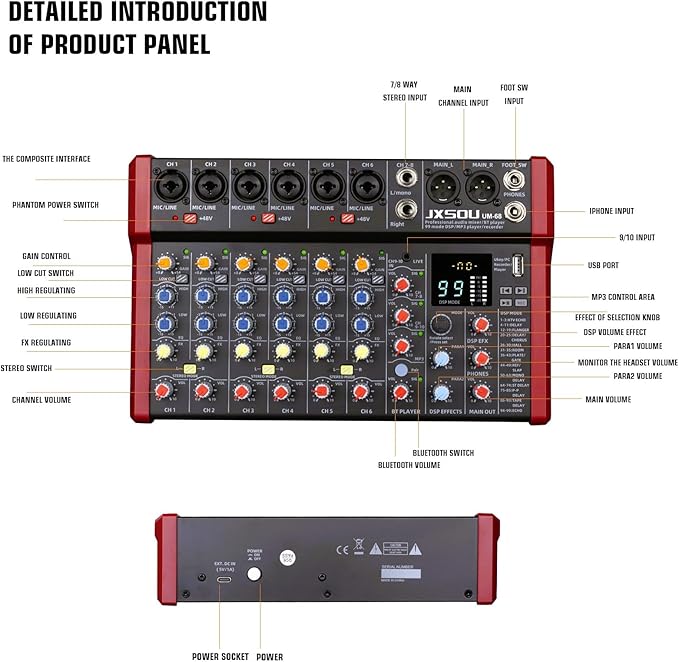 10-Channel Audio Mixer,DJ Mixer, Sound Board Console with 99 DSP Effects, Bluetooth Mixer Input 48V Phantom Power Stereo USB XLR Mixer For Karaoke Studio PC Recording