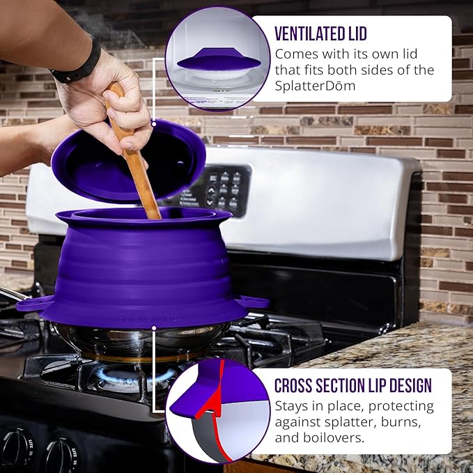 L.I.Q Silicone Splatter Guard – Fits 10 and 12 Inch Pots (25 and 30 Centimeters) – Microwave Safe and Durable SplatterDom - Includes 10” Lid - Food and Oil Splash Guard (Violet, Large)