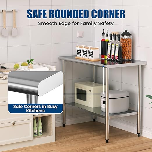 Stainless Steel Work Table 24 x 48 Inch with Adjustable Undershelf, Heavy-Duty Metal Prep Table for Commercial Kitchen & Restaurant, Garage, Outdoor