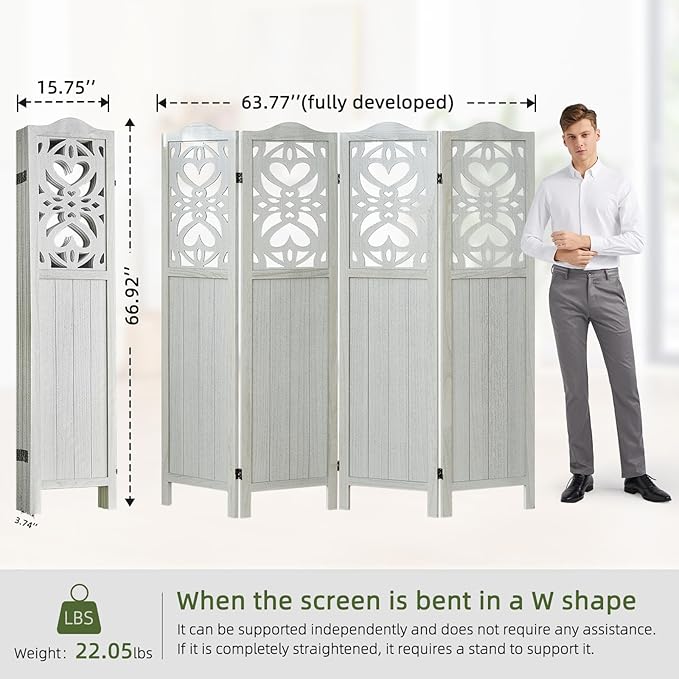 4 Panel Room Divider 5.6FT Wood Carved Room Divider Folding Privacy Screen with Double Hinges, Free Assembled Portable Partition Screen Divider for Room Separation Home Office - Retro White
