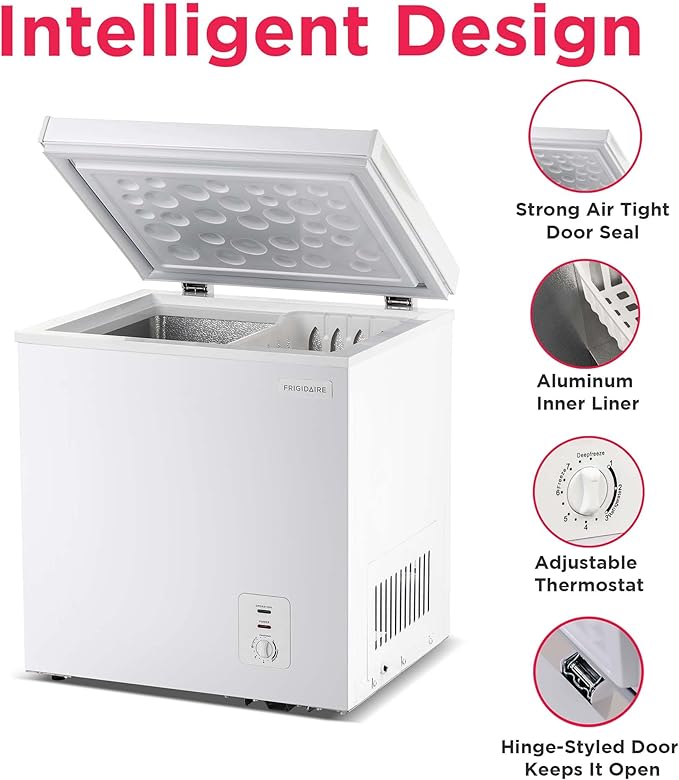 Frigidaire Chest Deep Freezer, 2.0 Cu. Ft. Capacity, Adjustable Thermostat-Removable Vinyl Coated Wire Basket-Easy Defrost Drain- Garage Ready- Pearl White