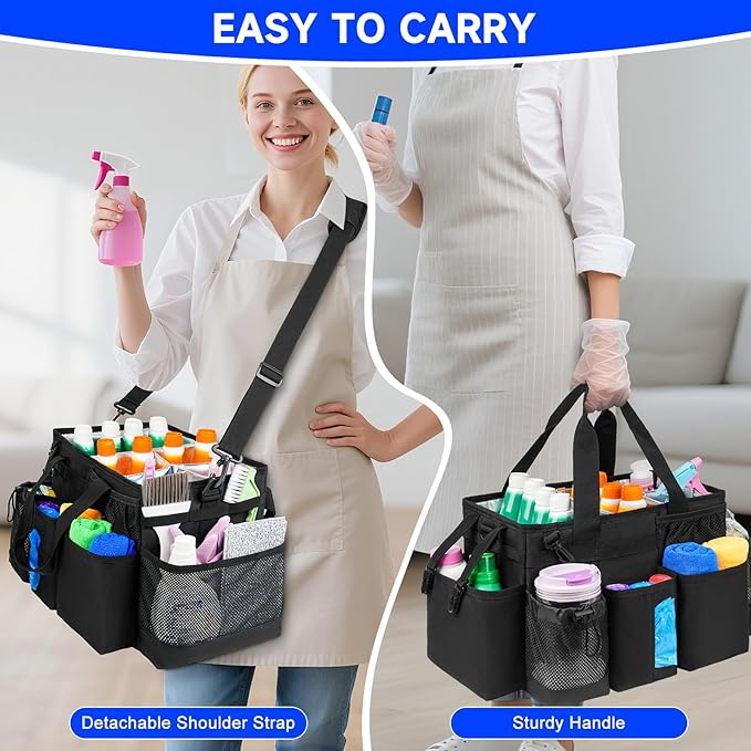 Cleaning Caddy Bag, Cleaning Supplies Organizer for Housekeepers, Housekeeping Caddy with Handle and Detachable Padded Cushion, Black