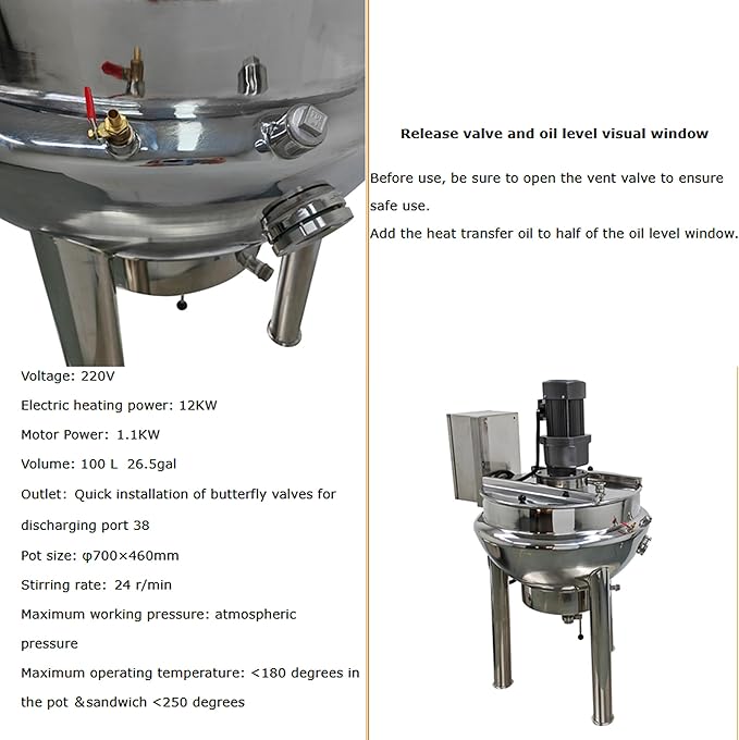 26Gal Vertical Jacketed Kettle Commercial Electric Tilting Stirring Jacketed Kettle with Stirrer Stainless Steel for Chili Sauce Jam Porridge 220V 60HZ 3-Phase 1.1KW