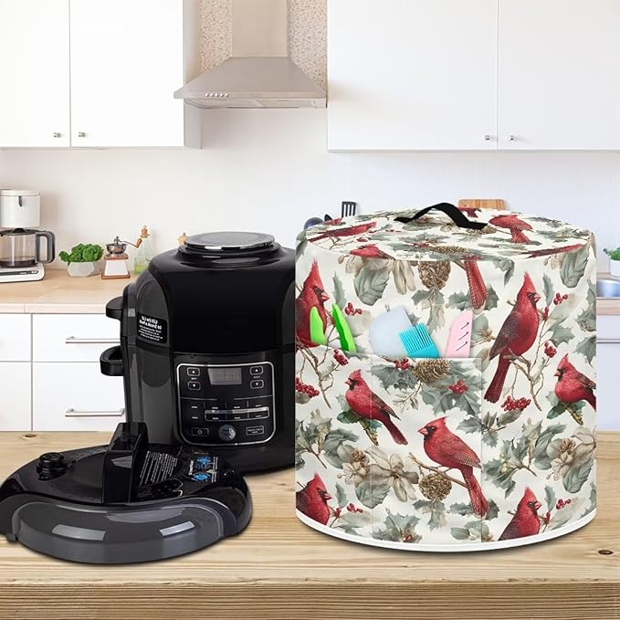 6 Quart Pressure Cooker Dust & Stains Protector Cover Round Bag with Top Handle and Storage Pocket Kitchen Appliance Decoration Christmas Cardinal Bird Print