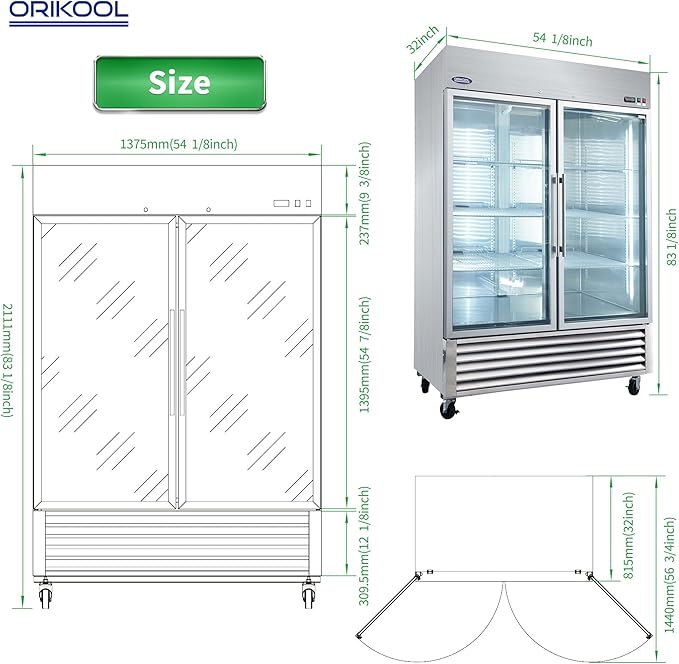 54" W Commercial Glass-Door Reach-In Refrigerator - Tempered Glass Double Door Fridge, 46 Cu.ft Capacity, 6 Adjustable Shelves, Auto Defrost, Digital thermostat control, LED Lighting