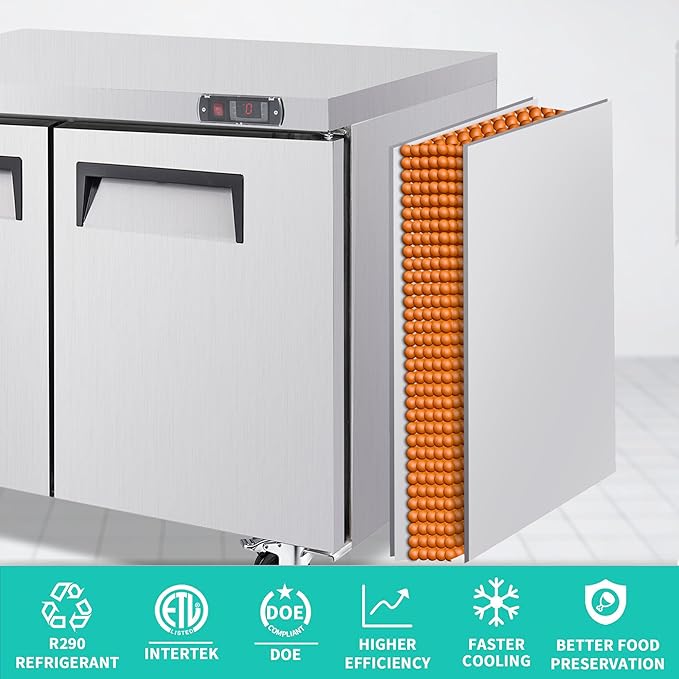 48" Commercial Double Door Worktop Freezer, 12.2 Cu.ft Stainless Steel Undercounter Freezer, -8–0°F, R290