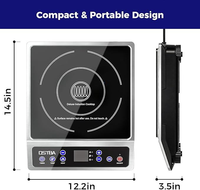 OSTBA 1800W Commercial Induction Cooktop, 10" Heating Coil Countertop Induction Burner, 10 Power Levels & 120–460°F Temperature Control, 12H Timer, Keep Warm, ETL Certified