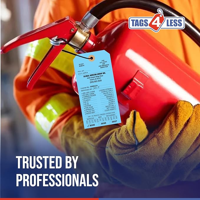 Tags 4 Less Custom Fire Extinguisher Tags – Preventative Maintenance Labels for Monthly Inspections, Alternative to Safety Sticker for Easy Record-Keeping – Pack of 100 (Light Blue, Cardboard)