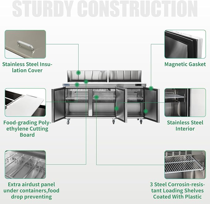 ICECASA 72" W Commercial Refrigerator Sandwich&Salad Prep Table 3 Door Stainless Steel Counter Fan Cooling Refrigerator with 18 pans-72 Inches for Restaurant, Bar, Shop, etcI