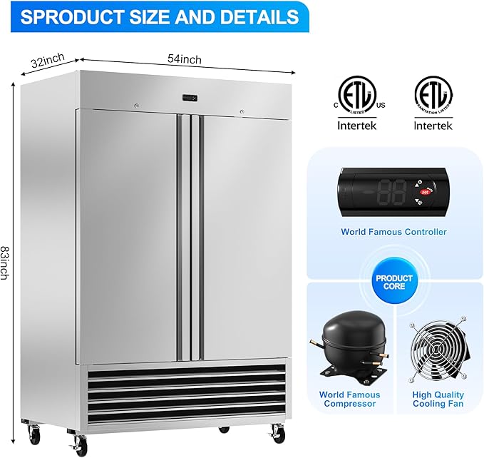 54" W Commercial Freezer, 46 Cu.ft Stainless Steel Reach-in Upright Freezer with 2 Solid Doors and 6 Adjustable Shelves for Restaurant, Commercial Kitchen, ETL Approved