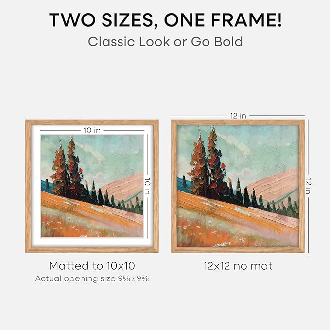 Homeforia 12x12 Light Wood Frame, High End Natural Oak 12 x 12 Square Picture Frames with Mat 10 by 10 inch Photo, 12by12 Wooden Poster Frames Matted to 10x10 Print, Tempered Glass, Wall Kit, Set of 4