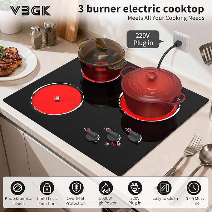 VBGK Electric Cooktop,24 inch 220V Electric Stove Top,Touch and Knob Control,LED,9 Power Levels, Kids Lock &Timer,Overheat Protection,5000W 3 burner cooktop.
