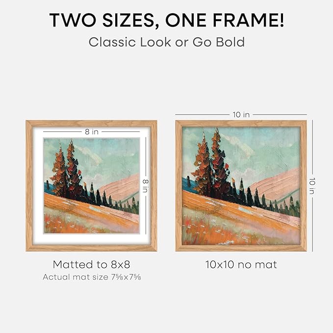 Homeforia 10x10 Picture Frame Wood, High-End Natural Oak 10 x 10 Thin Square Poster Frames with Mat 8 by 8 inch Photo, 10by10 Light Wooden Frame Matted to 8x8 Print, Tempered Glass, Wall Kit, Set of 3