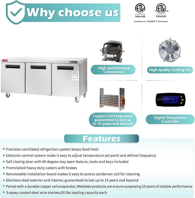 WESTLAKE 72" W Commercial Freezer Worktop Undercounter Freezer 17.7 Cu.ft Single Door Stainless Steel Counter Fan Cooling Freezer Food Prep Station for Restaurant, Bar