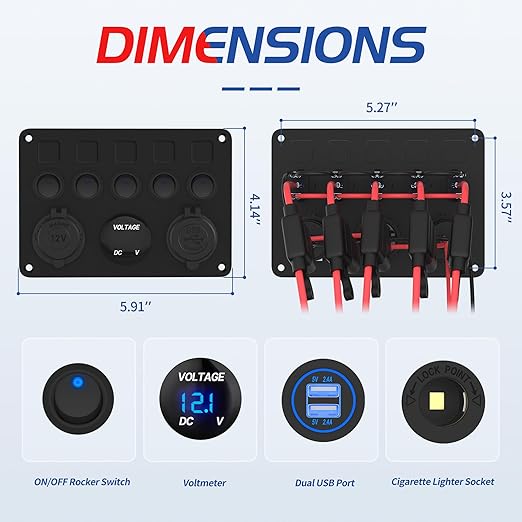 5 Gang Switch Panel 12V/24V Marine Switch Panel Waterproof with 4.8A Dual USB Charger, Digital Voltmeter & Cigarette Lighter Socket, UL Listed Aluminum Rocker Switch Panel for Boat, RV, Car, Truck