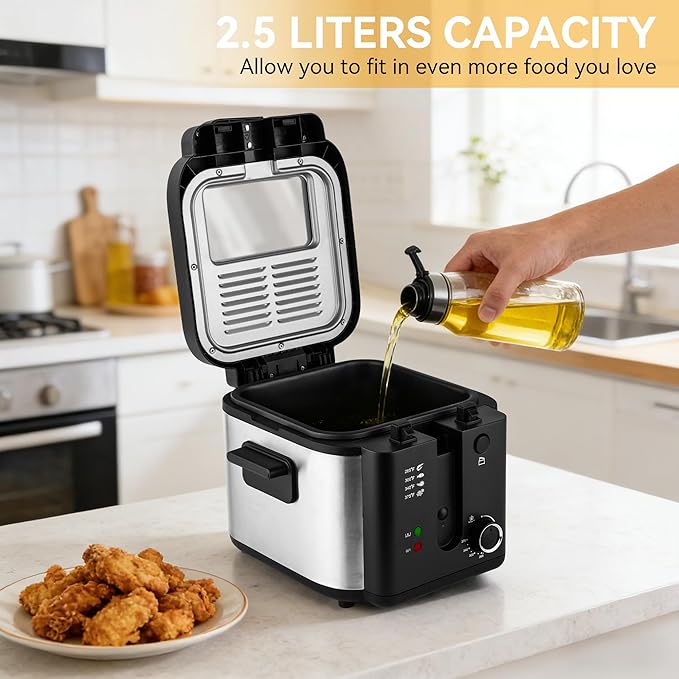 Pukomc Electric Deep Fryer with Basket,Adjustable Temperature Frying Pot for Home Use,Removable Lid and 2.5L Non-Stick Inner Pot Easy to Clean
