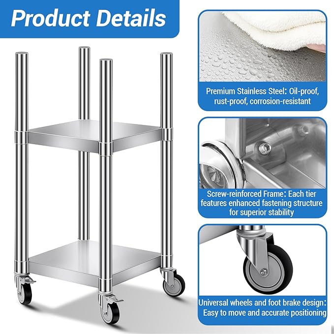 Shimeyao 14" x 14" x 31" Rice Warmer Stand Stainless Steel Rice Warmer Stand with 2 Shelves and 4 Casters Cooking Equipment Storage for Kitchen Restaurant