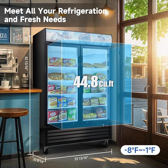 44.8 Cu.Ft Double Door Commercial Upright Display Freezer Merchandiser —Glass Doors With ETL Certified, -8 to -1℉,Auto Defrost, Heated Door Frame, LED Lighting, for Cafes, Restaurants, Stores.