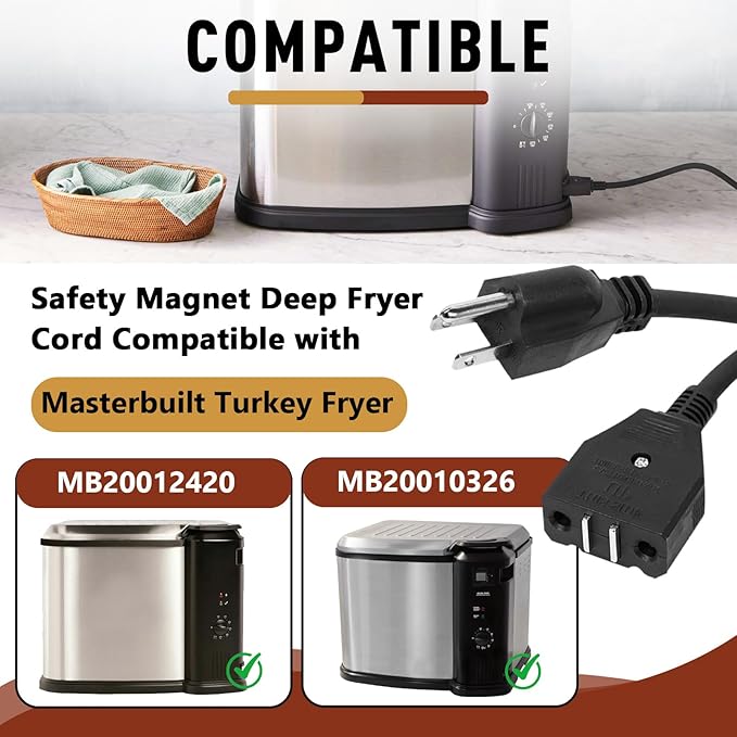 Break-Away Magnet Power Cord, Compatible with Masterbuilt 10L XL Electric Fryer, Safety Magnet Deep Fryer Cord Replacement Accessory, Compatible with Electric Fryer Models MB20012420 and MB20010326
