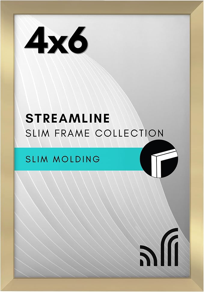 Americanflat 4x6 Picture Frame with Shatter-Resistant Glass - Streamline Collection - Thin Border Photo Frame for Tabletop and Wall Display - Hanging Hardware and Easel Stand Included - Gold