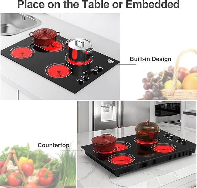 4 Burner Electric Cooktop,7200W Built-in & Countertop 30 inch stove top with 9 Power Levels, Child Safety Lock & 99 mins Timer, 30 inch Electric Cooktop 220-240V (No Plug)