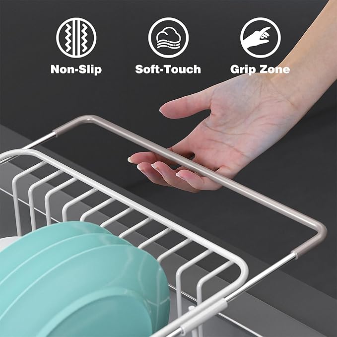Dish Drying Rack in Sink: Expandable, 3-Slot Utensil Holder, Anti-Slip Handle. Small Dish Rack: Ideal for Small Households. Kitchen Drying Rack: White