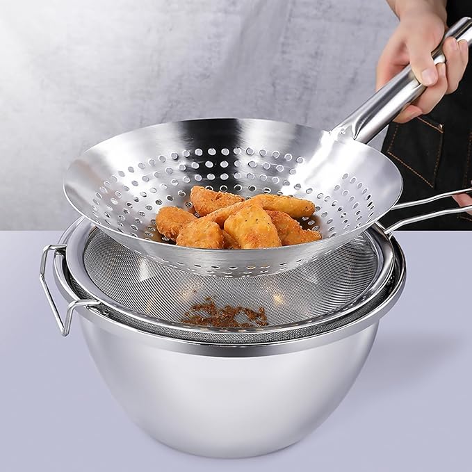Stainless Steel Skimmer Spoon Kitchen Serving Spoon with Filter Large Slotted Strainer Spoon Oil Filter Spoon Mesh Wire Frying Spoon 9.5 x 7 inch