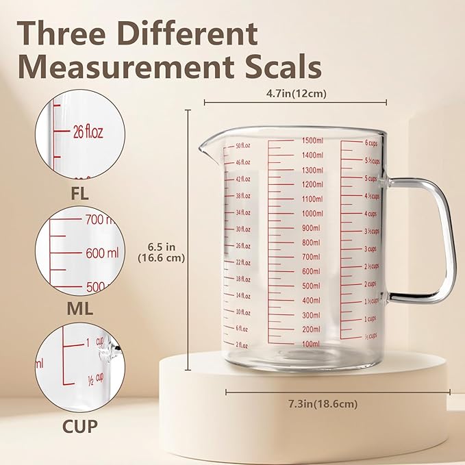 WhiteRhino Glass Measuring Cup,6Cup/1500ml/50oz Liquid Measuring Cups, Measuring Cup With Handle and V-Shaped Spout, Glass Beaker with Three Scales (OZ, Cup, ML), Dishwasher/Freezer/Microwave Safe
