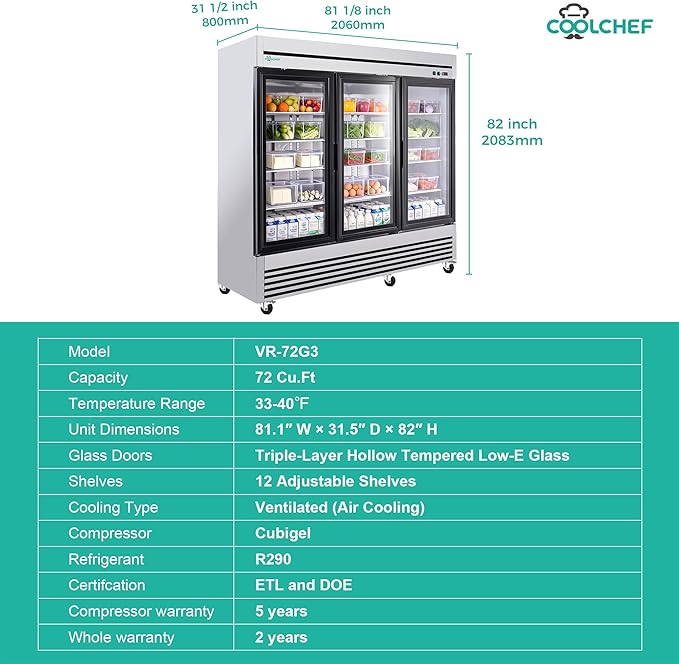81" Commercial Glass Door Refrigerator, 72 Cu.Ft Triple-Door Reach-In Cooler, 33–40℉, Triple-Layer Low-E Glass, 12 Shelves, R290
