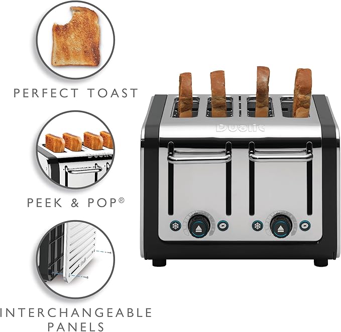 Dualit Design Series 4 Slice Toaster | Polished Stainless Steel with Black Trim | Extra-Wide Slots – Peek and Pop Function – Patented Perfect Toast Technology – Matching Kettle Available