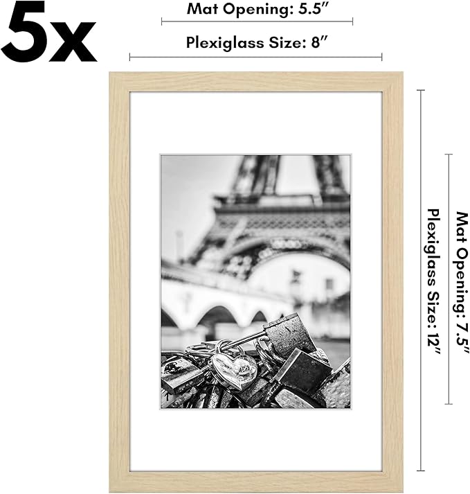 Americanflat 8x12 Picture Frame with Polished Plexiglass - Set of 5 - Use as 6x8 Frame with Mat or Display 8x12 Photo Without Mat - Galleria Collection - Picture Frames for Wall Display - Natural Oak
