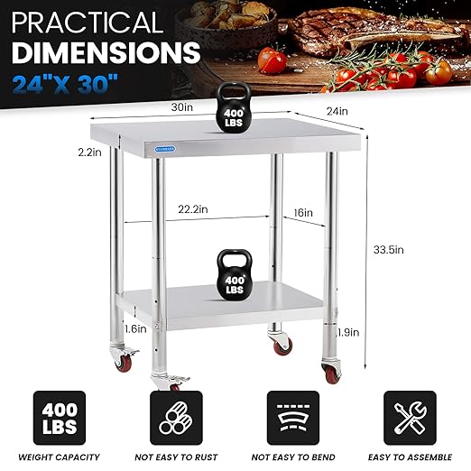 Stainless Steel Table for Prep & Work with 4 Caster Wheels with Adjustable Undershelf 24 x 30 NSF Metal Commercial Kitchen Worktable for Restaurant Home Outdoor | Prep & Work, 4 Caster Wheels, NSF, Commercial Kitchen, Worktable